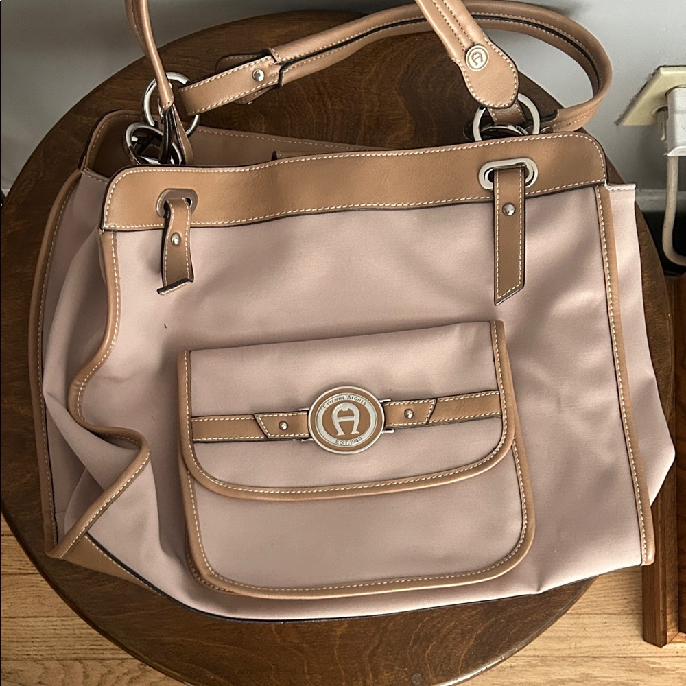 Etienne Aigner Pink and Tan Tote with Front Logo Pocket